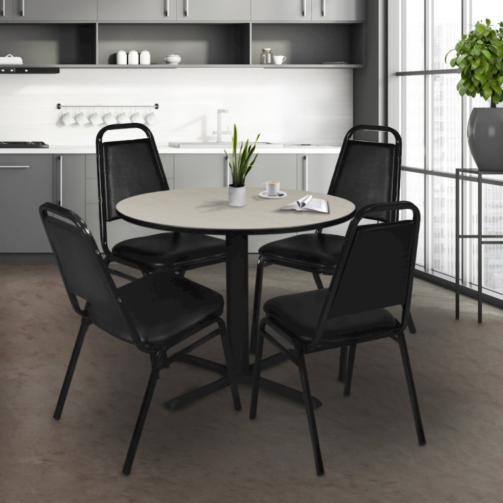 36 in. Round X-Base Breakroom Table- Maple & 4 Restaurant Stack Chairs- Black. Picture 8