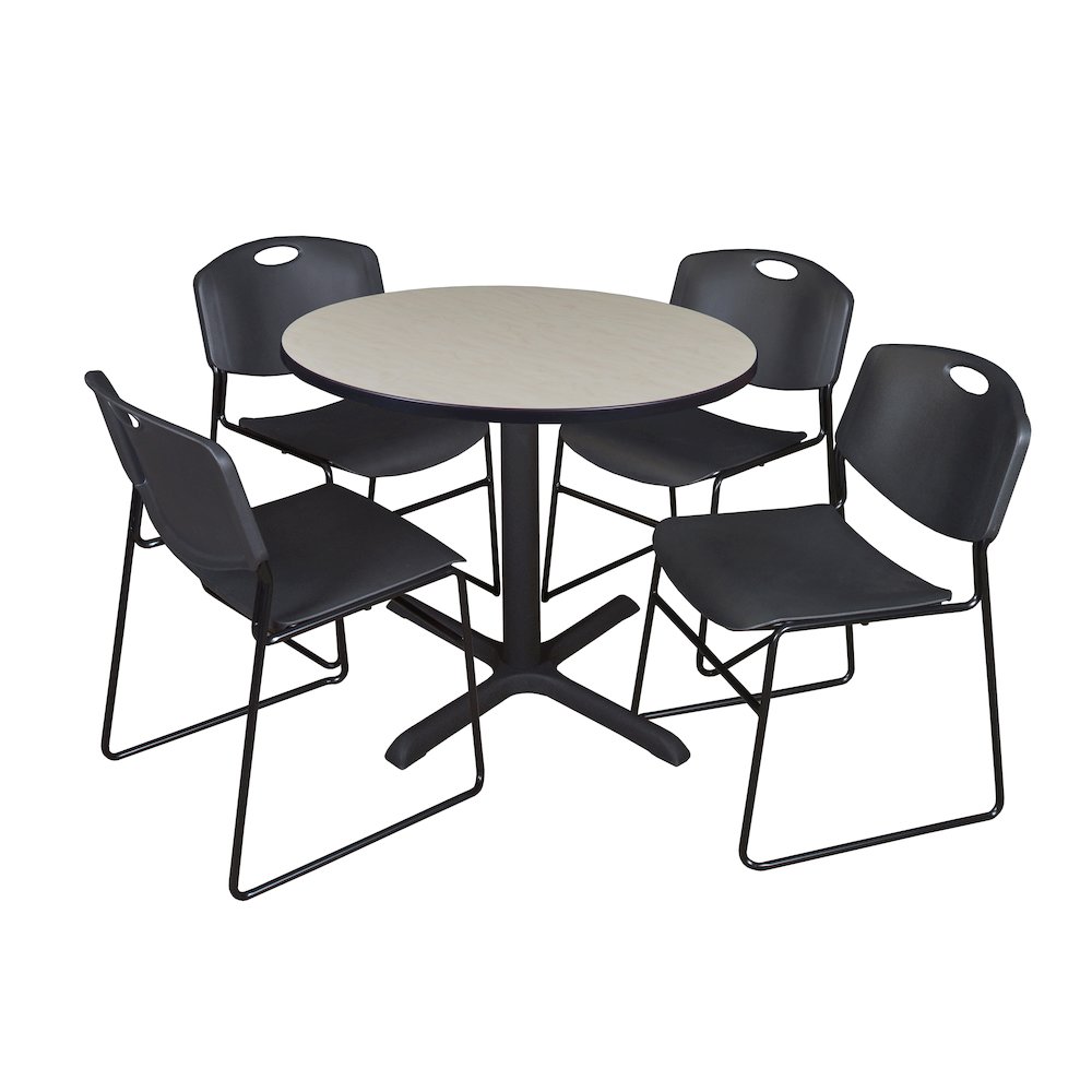 36 in. Round X-Base Breakroom Table- Maple & 4 Zeng Stack Chairs- Black. Picture 1
