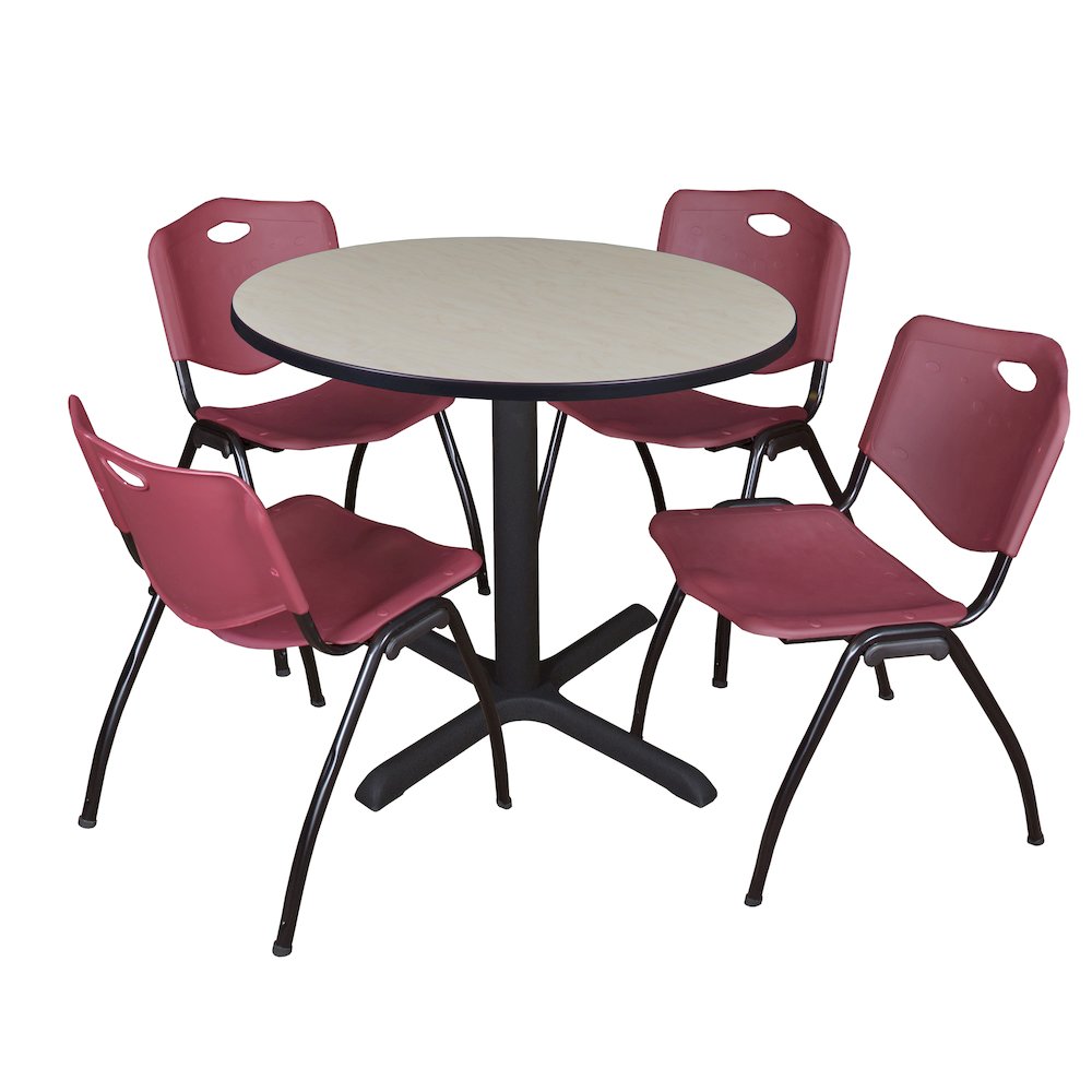 36 in. Round X-Base Breakroom Table- Maple & 4 M Stack Chairs- Burgundy. Picture 1