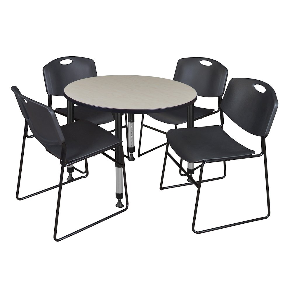36 in. Round Adjustable Classroom Table- Maple & 4 Zeng Stack Chairs- Black. Picture 1