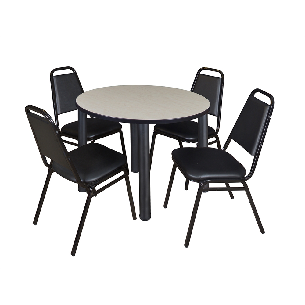 Kee 36" Round Breakroom Table- Maple/ Black & 4 Restaurant Stack Chairs- Black. Picture 1