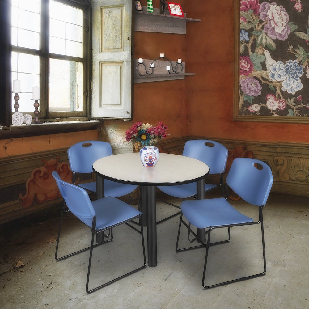 36 in Round Breakroom Table- Maple Top, Black Legs, 4 Zeng Stack Chairs- Blue. Picture 6