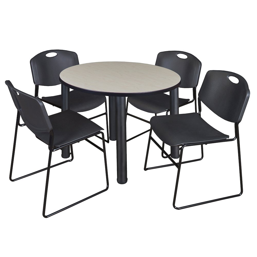 36 in Round Breakroom Table- Maple Top, Black Legs, 4 Zeng Stack Chairs- Black. Picture 1