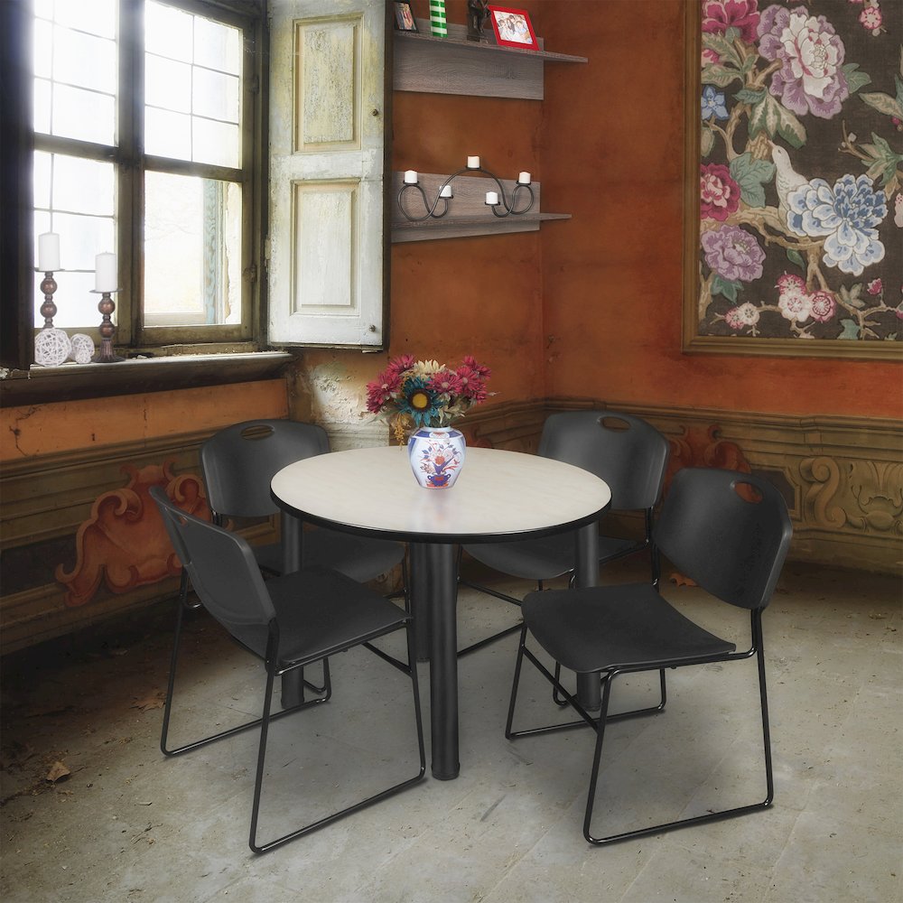 36 in Round Breakroom Table- Maple Top, Black Legs, 4 Zeng Stack Chairs- Black. Picture 6
