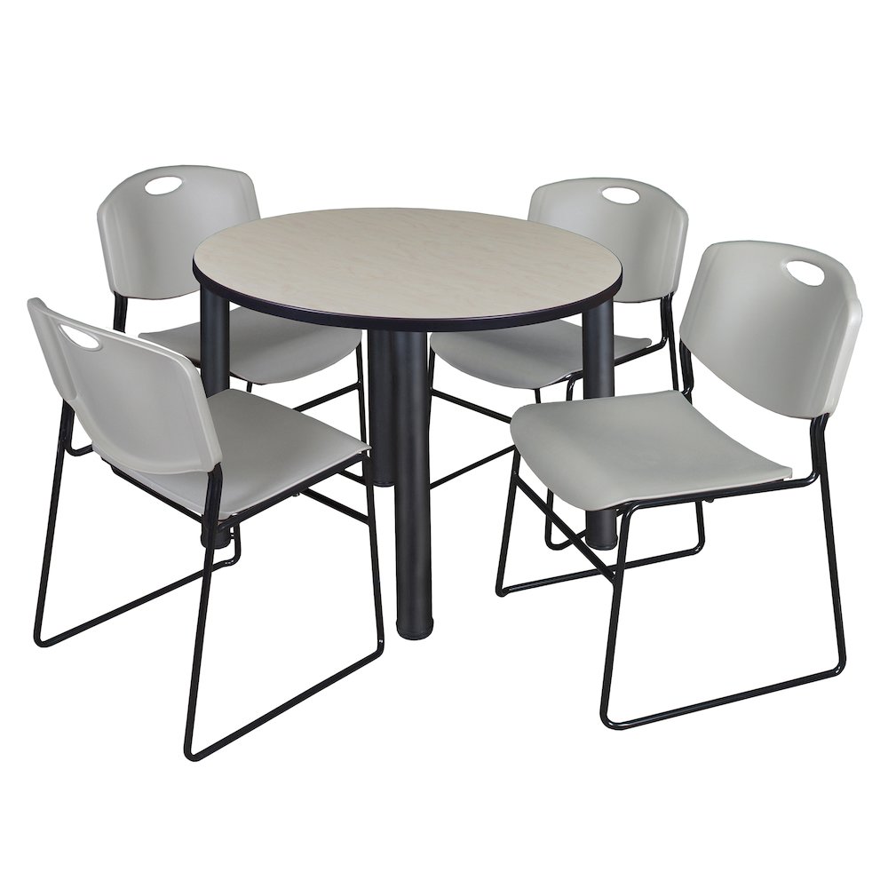 36 in Round Breakroom Table- Maple Top, Black Legs, 4 Zeng Stack Chairs- Grey. Picture 1