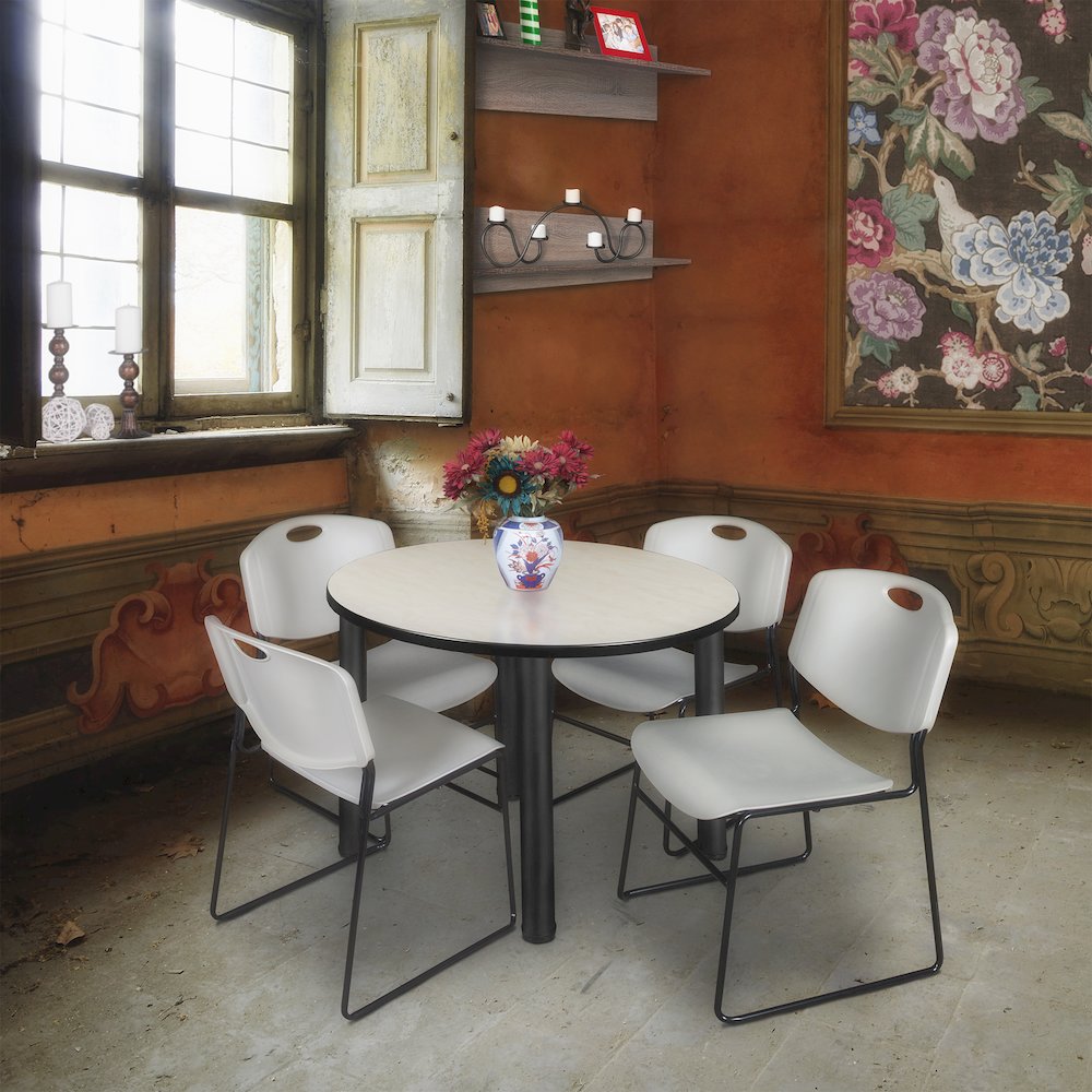 36 in Round Breakroom Table- Maple Top, Black Legs, 4 Zeng Stack Chairs- Grey. Picture 6