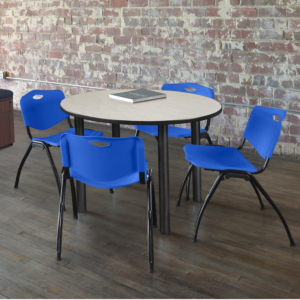 36 in Round Breakroom Table- Maple Top, Black Legs, 4 M Stack Chairs- Blue. Picture 6