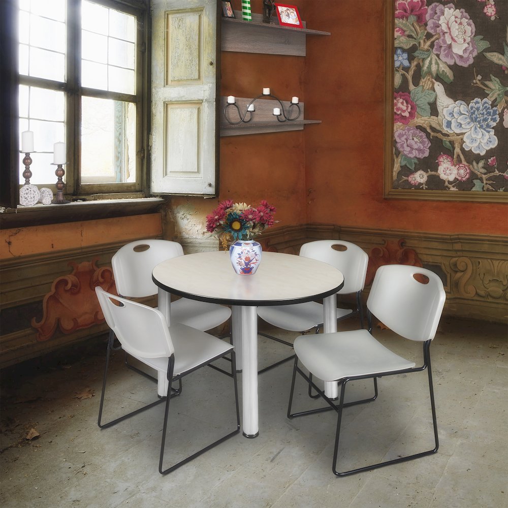 36 in Round Breakroom Table- Maple Top, Chrome Legs, 4 Zeng Stack Chairs- Grey. Picture 6