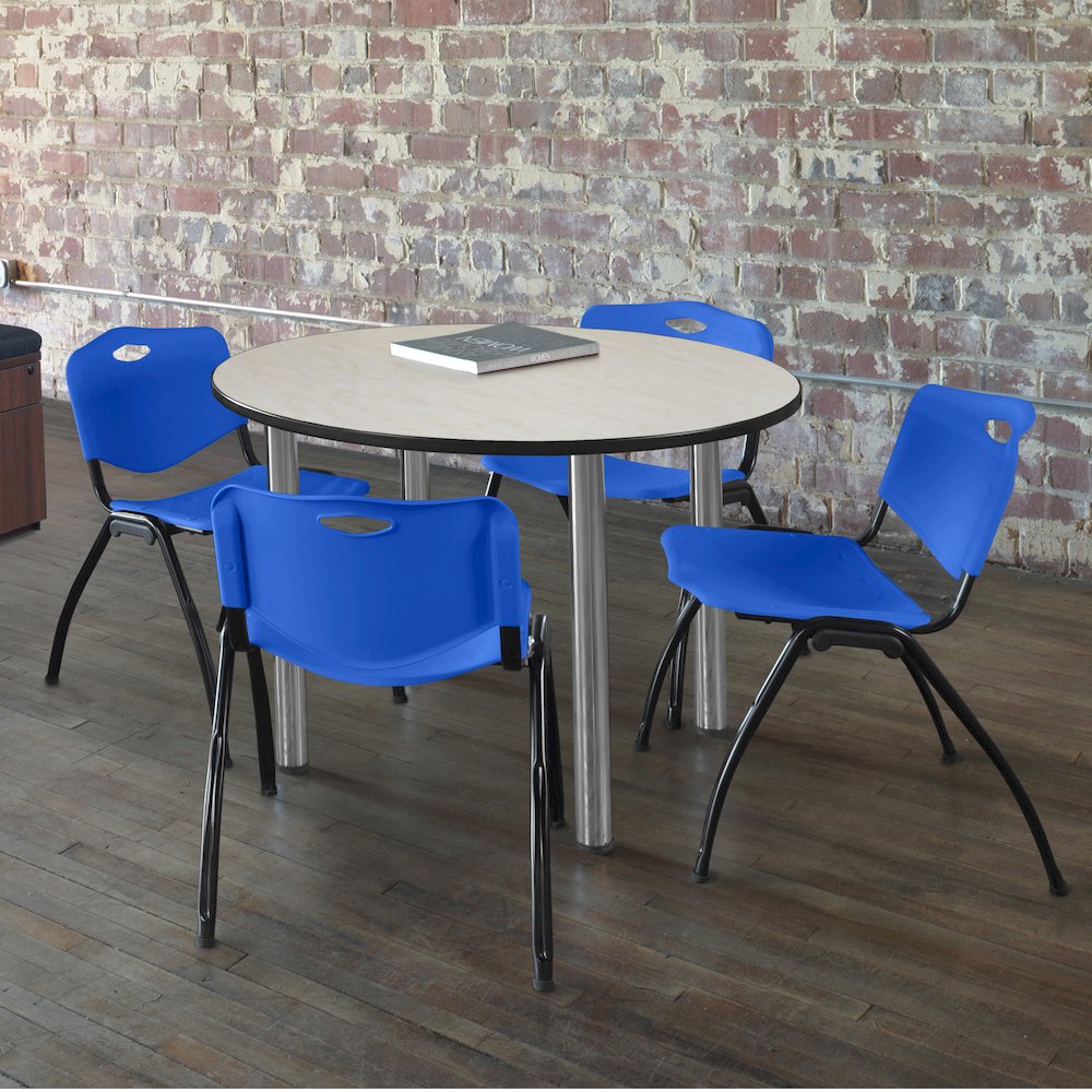 36 in Round Breakroom Table- Maple Top, Chrome Legs, 4 M Stack Chairs- Blue. Picture 6