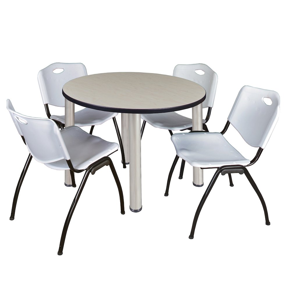 36 in Round Breakroom Table- Maple Top, Chrome Legs, 4 M Stack Chairs- Grey. Picture 1