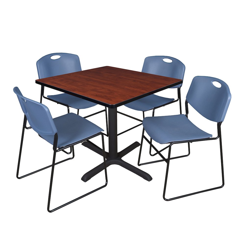 42 in. Square X-Base Breakroom Table- Cherry & 4 Zeng Stack Chairs- Blue. Picture 1