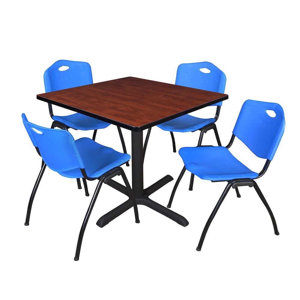 42 in. Square X-Base Breakroom Table- Cherry & 4 M Stack Chairs- Blue. Picture 1