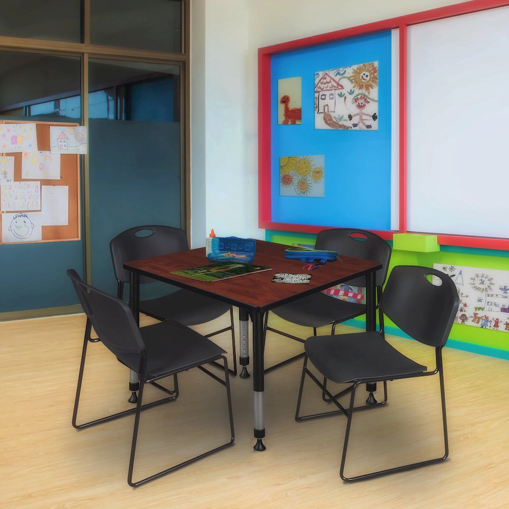 42 in. Square Adjustable Classroom Table- Cherry & 4 Zeng Stack Chairs- Black. Picture 7