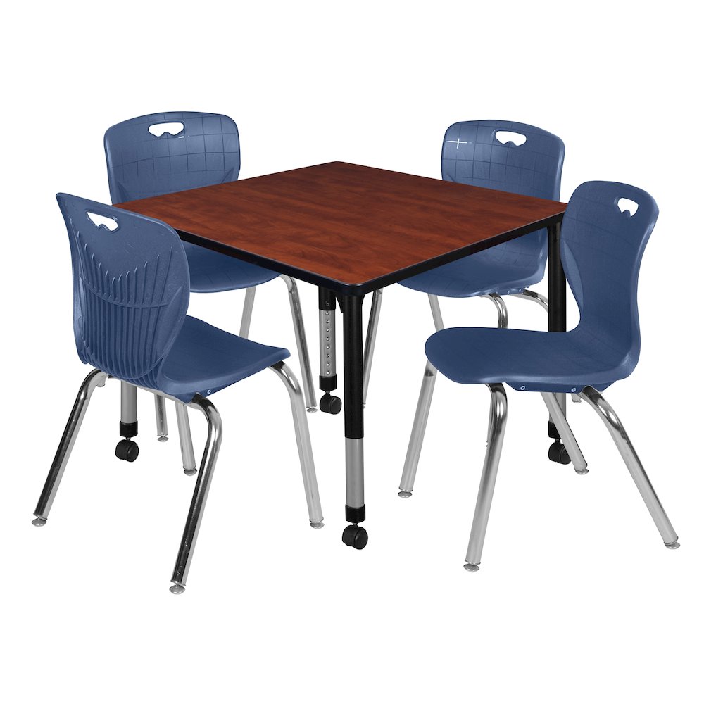 42 Square Mobile Classroom Table- Cherry & 4 Andy 18 Stack Chairs- Blue. Picture 1