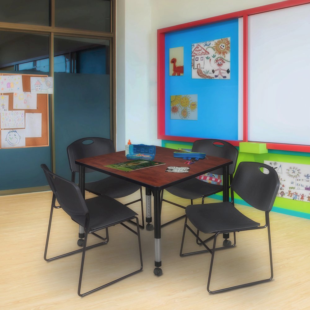 42 Square Mobile Adjustable Classroom Table- Cherry & 4 Zeng Stack Chairs- Black. Picture 7