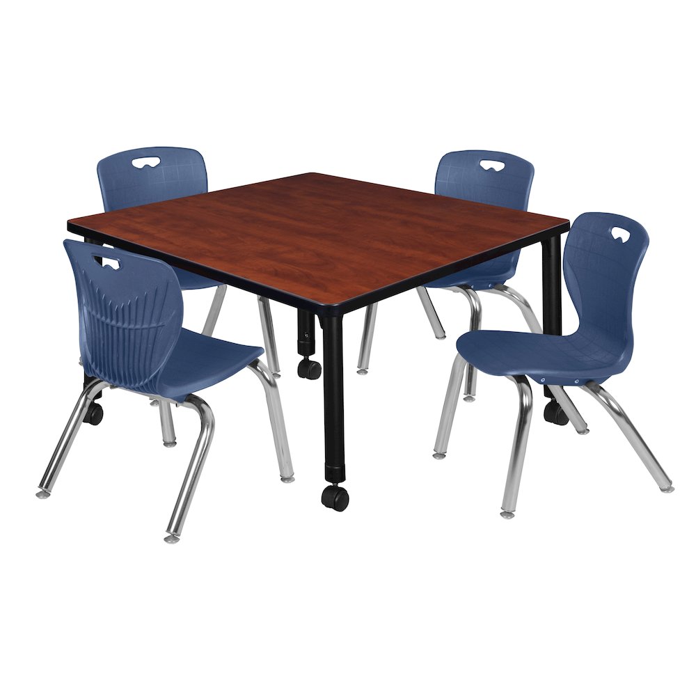 42 Square Mobile Classroom Table- Cherry & 4 Andy 12 Stack Chairs- Blue. Picture 1
