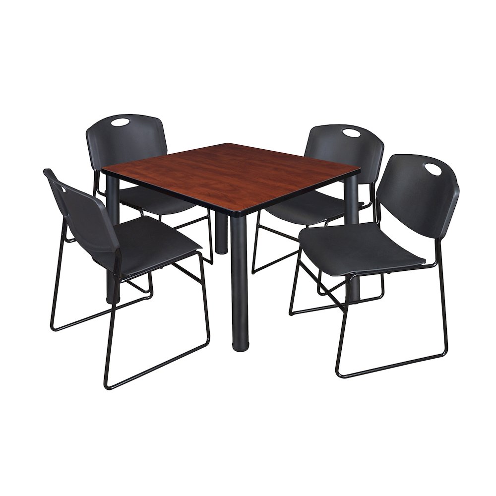 42 in Square Breakroom Table- Cherry Top, Black Legs, 4 Zeng Stack Chairs- Black. Picture 1