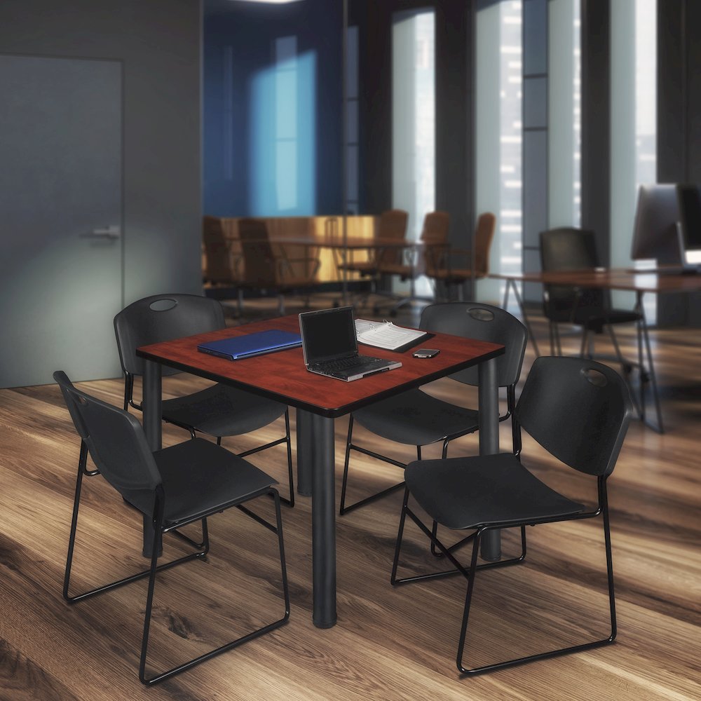 42 in Square Breakroom Table- Cherry Top, Black Legs, 4 Zeng Stack Chairs- Black. Picture 7