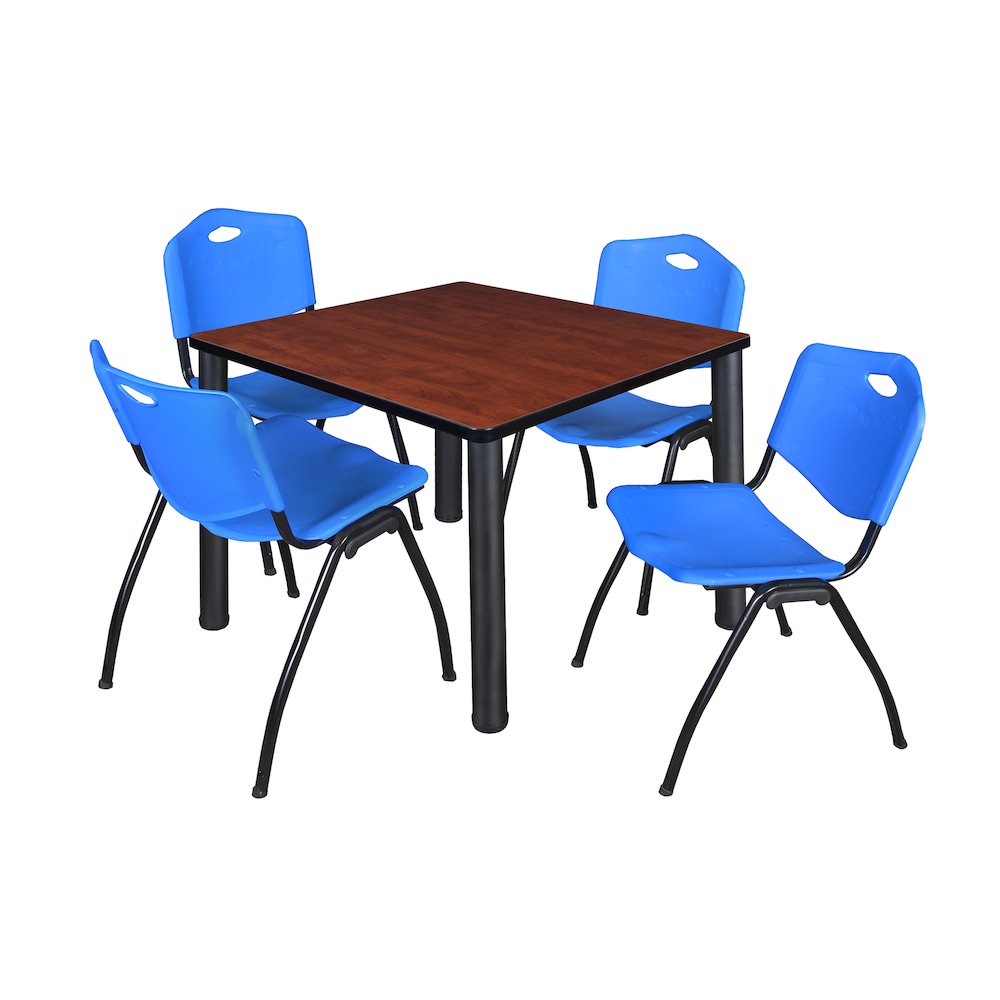 42 in Square Breakroom Table- Cherry Top, Black Legs, 4 M Stack Chairs- Blue. Picture 1