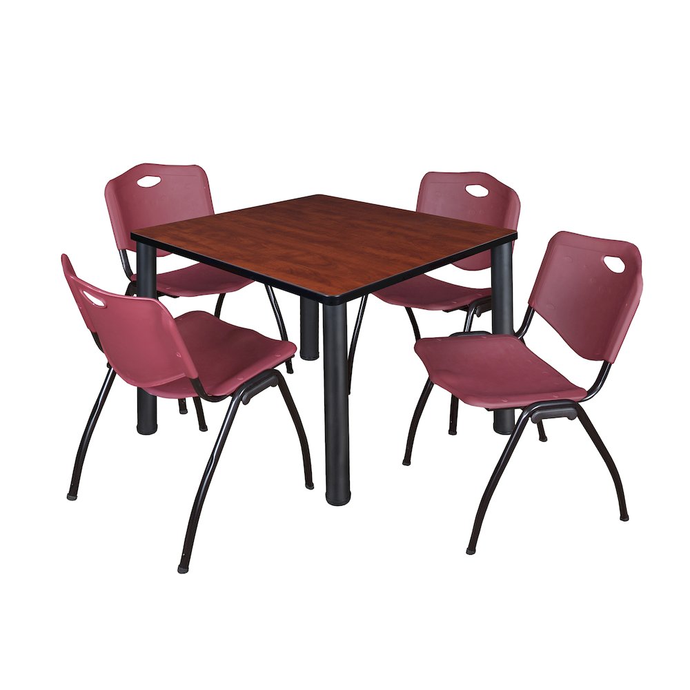 42 in Square Breakroom Table- Cherry Top, Black Legs, 4 M Stack Chairs- Burgundy. Picture 1