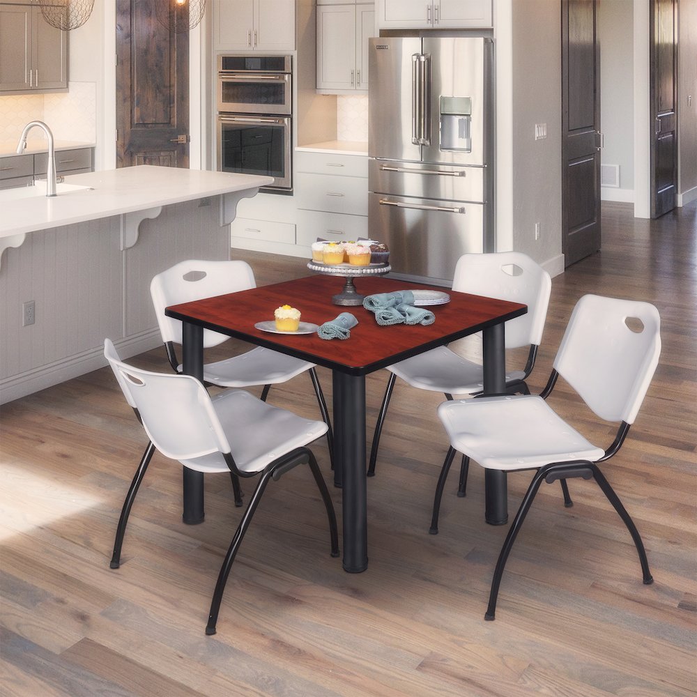 42 in Square Breakroom Table- Cherry Top, Black Legs, 4 M Stack Chairs- Grey. Picture 7