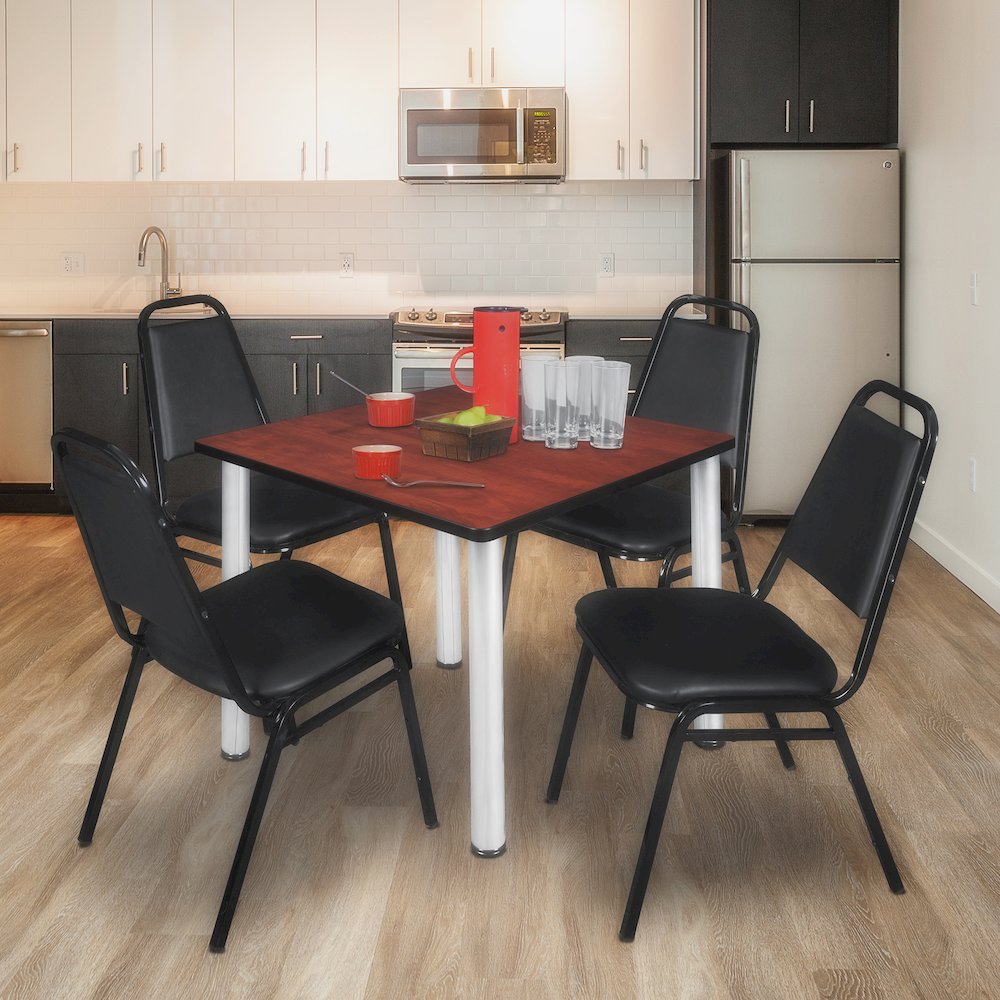 42 in Square Breakroom Table- Cherry Top, Chrome Legs, 4 Restaurant Stack Chairs. Picture 7