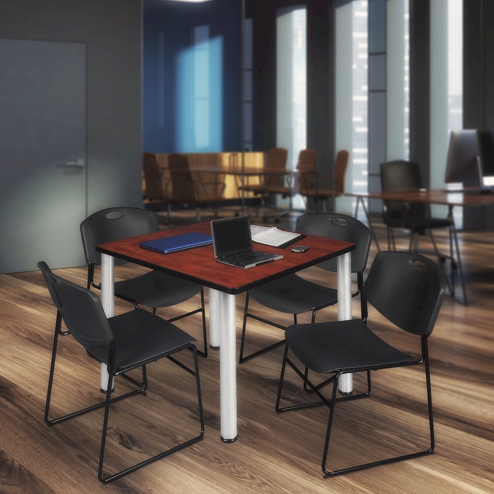 42 Square Breakroom Table- Cherry Top, Chrome Legs, 4 Zeng Stack Chairs- Black. Picture 7