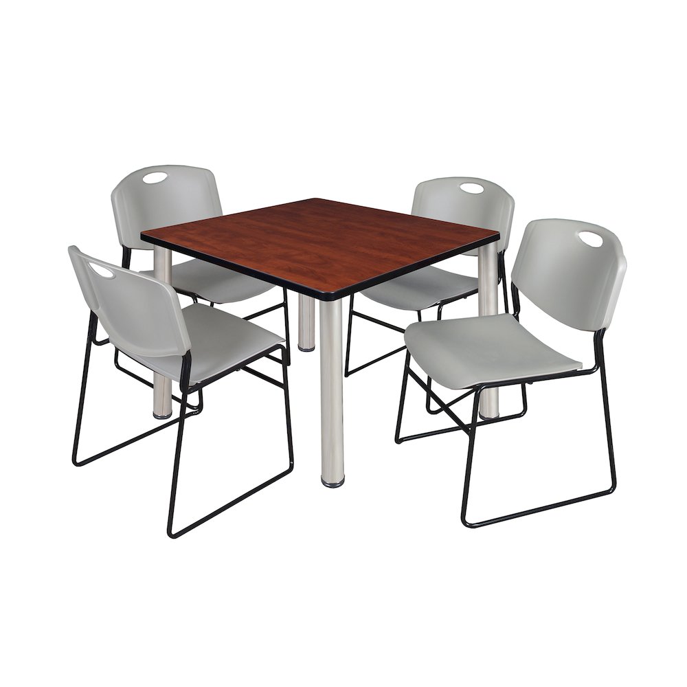42 in Square Breakroom Table- Cherry Top, Chrome Legs, 4 Zeng Stack Chairs- Grey. Picture 1
