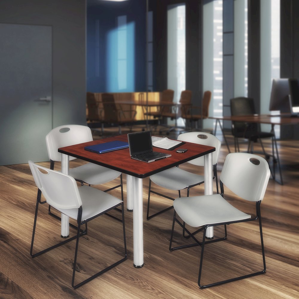 42 in Square Breakroom Table- Cherry Top, Chrome Legs, 4 Zeng Stack Chairs- Grey. Picture 7