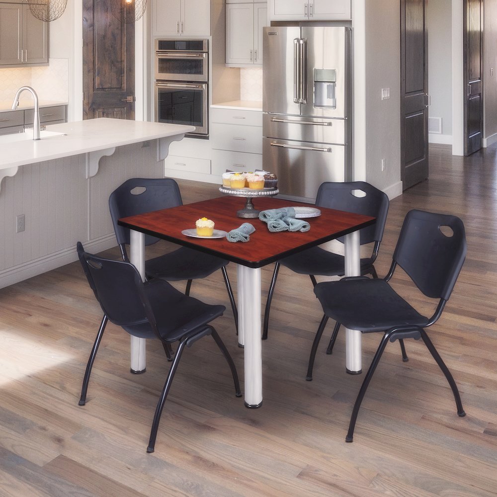 42 in Square Breakroom Table- Cherry Top, Chrome Legs, 4 M Stack Chairs- Black. Picture 7