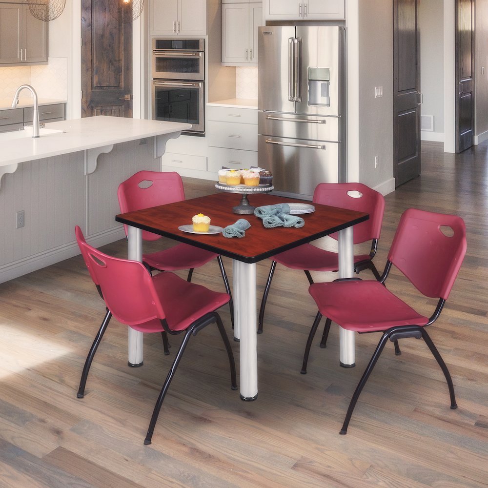 42 Square Breakroom Table- Cherry Top, Chrome Legs, 4 M Stack Chairs- Burgundy. Picture 7