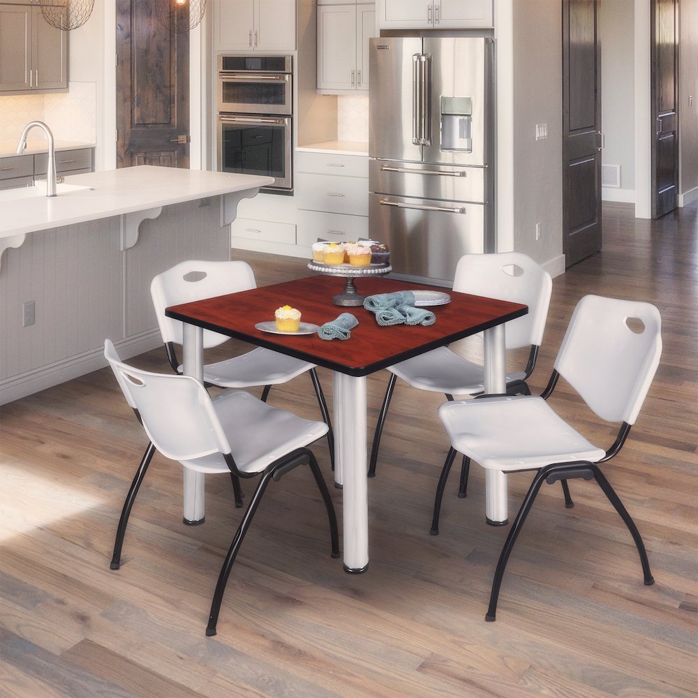 42 in Square Breakroom Table- Cherry Top, Chrome Legs, 4 M Stack Chairs- Grey. Picture 7