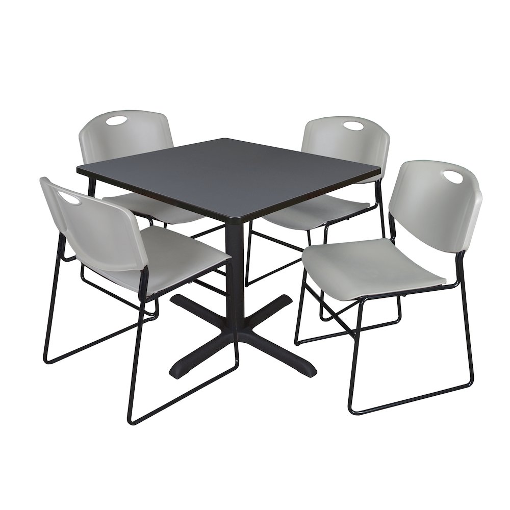 42 in. Square X-Base Breakroom Table- Grey & 4 Zeng Stack Chairs- Grey. Picture 1