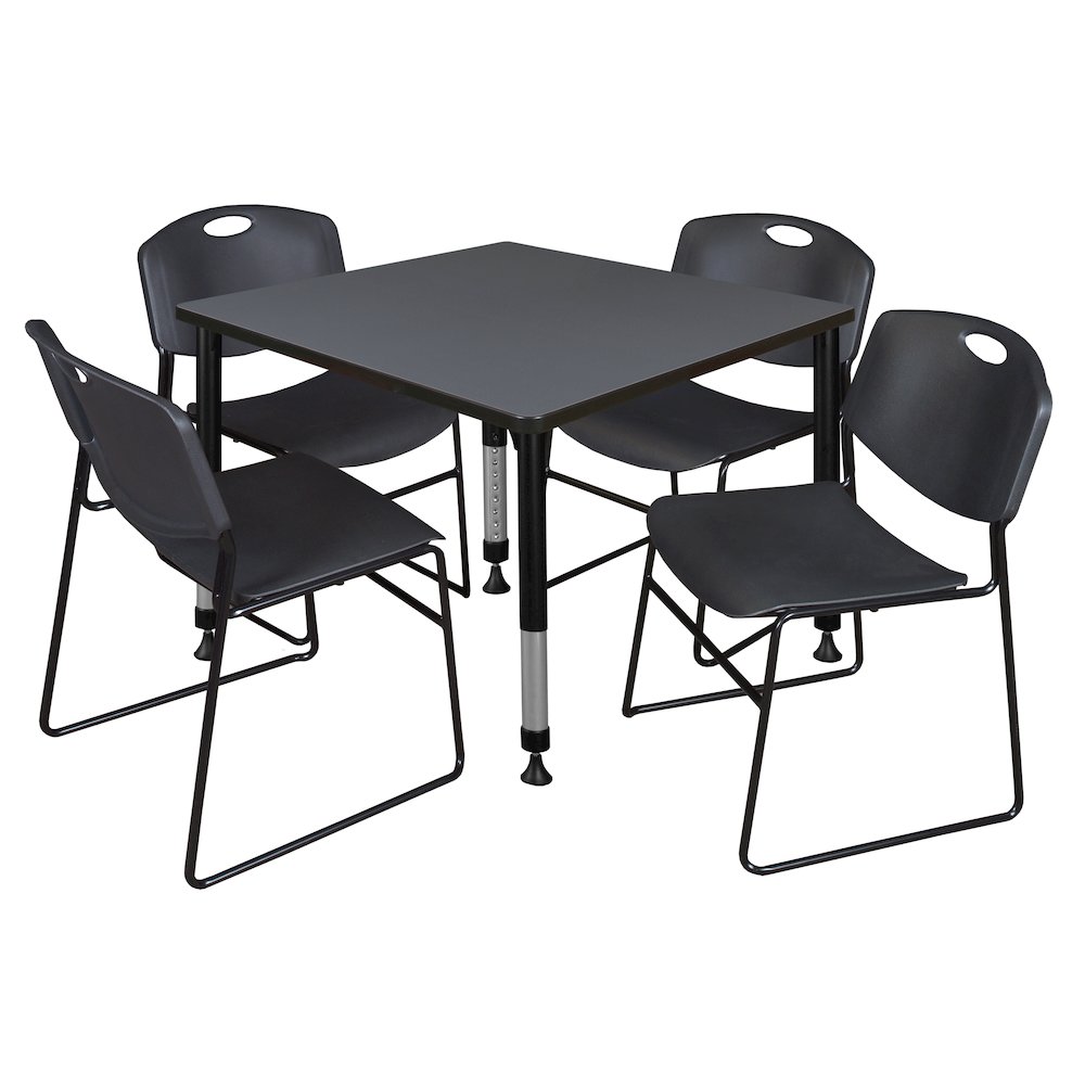 42 in. Square Adjustable Classroom Table- Grey & 4 Zeng Stack Chairs- Black. Picture 1