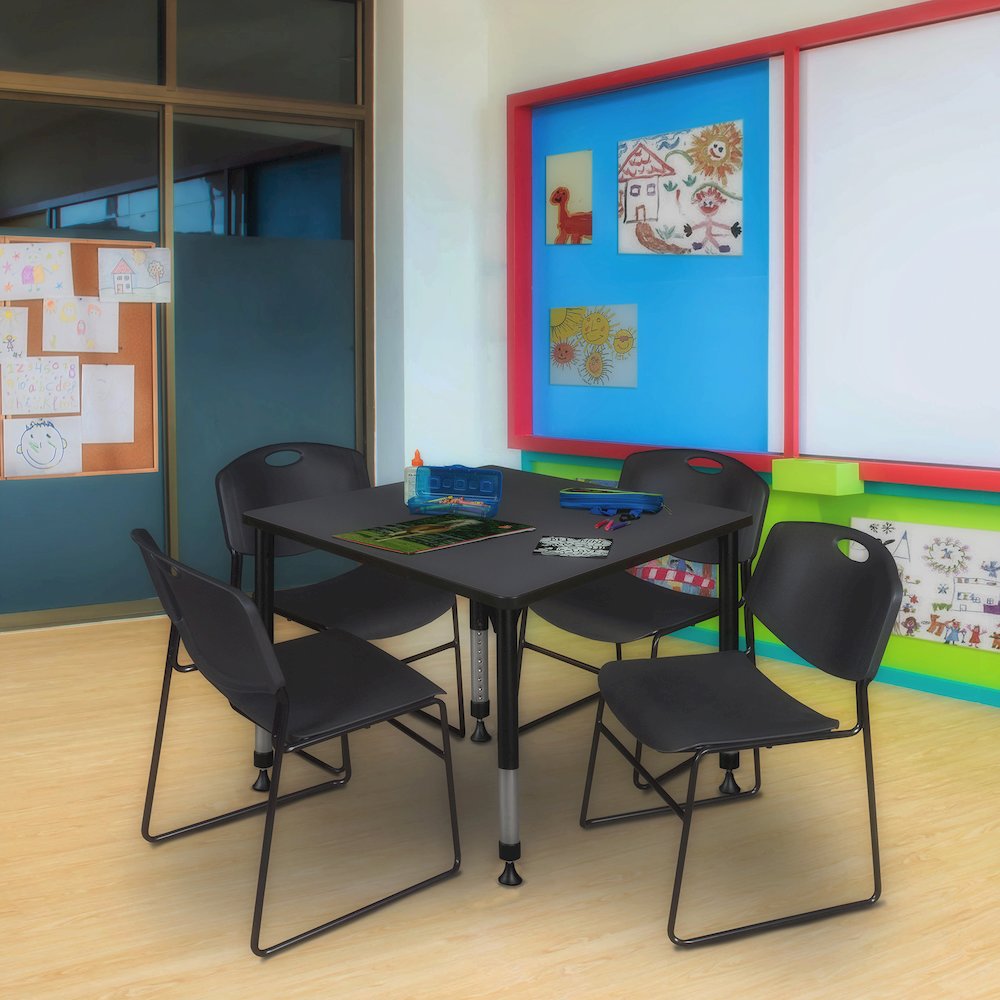 42 in. Square Adjustable Classroom Table- Grey & 4 Zeng Stack Chairs- Black. Picture 7