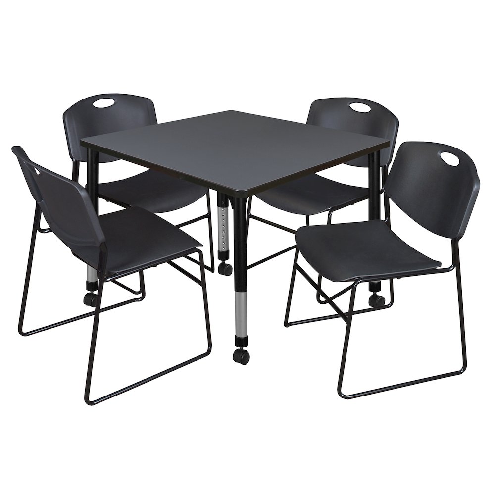 42 Square Mobile Adjustable Classroom Table- Grey & 4 Zeng Stack Chairs- Black. Picture 1
