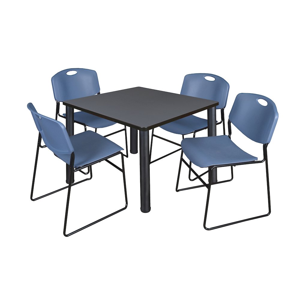 42 in Square Breakroom Table- Grey Top, Black Legs, 4 Zeng Stack Chairs- Blue. Picture 1