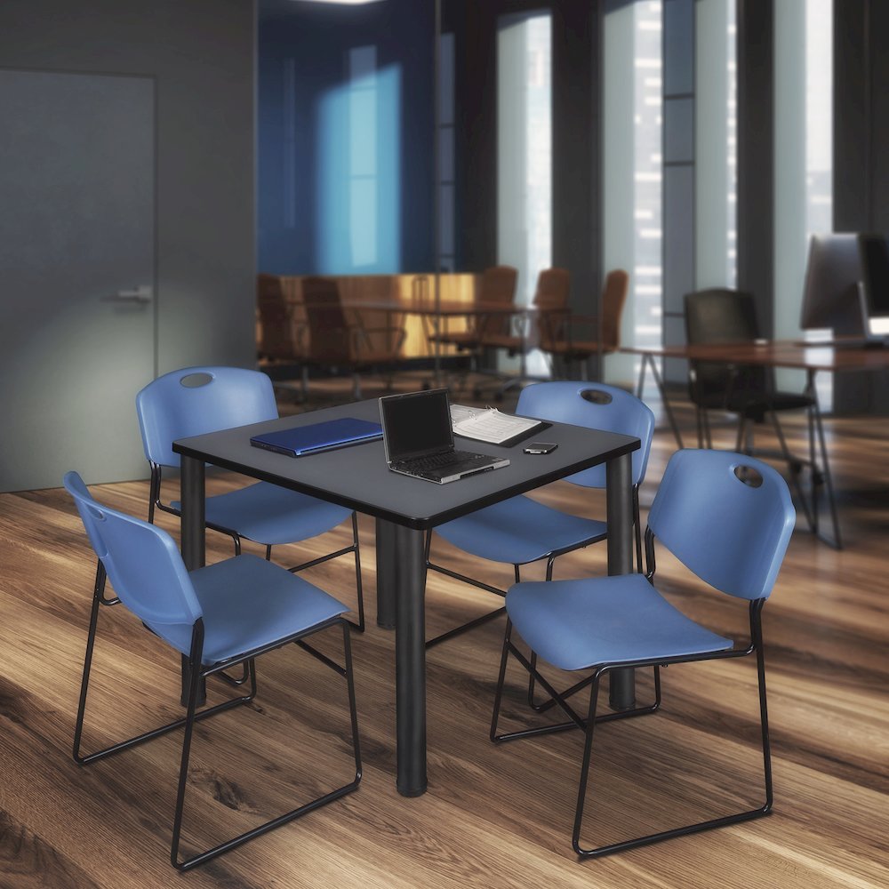 42 in Square Breakroom Table- Grey Top, Black Legs, 4 Zeng Stack Chairs- Blue. Picture 7