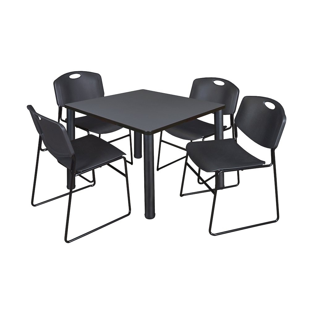 42 in Square Breakroom Table- Grey Top, Black Legs, 4 Zeng Stack Chairs- Black. Picture 1