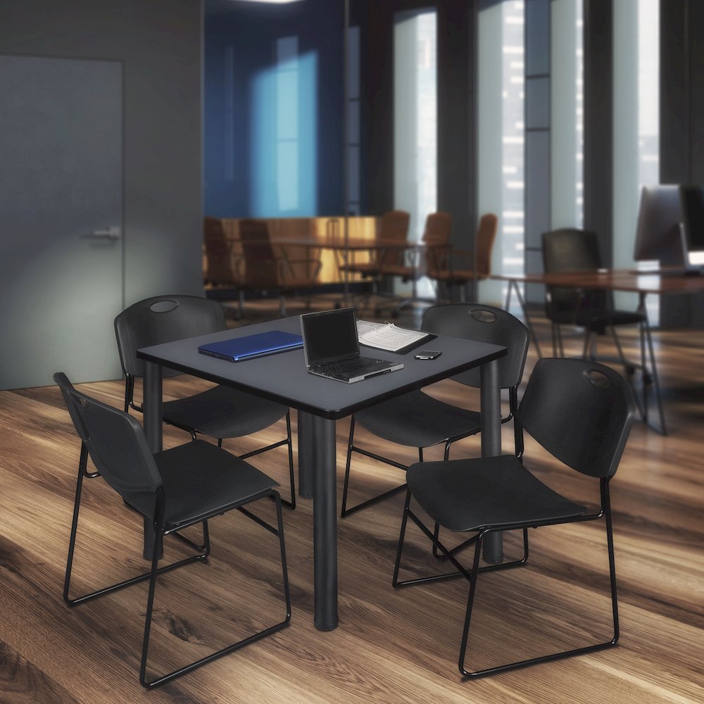 42 in Square Breakroom Table- Grey Top, Black Legs, 4 Zeng Stack Chairs- Black. Picture 7
