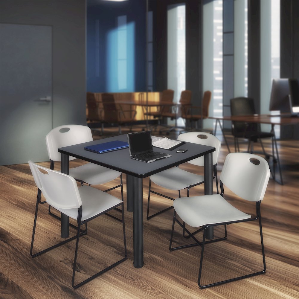 42 in Square Breakroom Table- Grey Top, Black Legs, 4 Zeng Stack Chairs- Grey. Picture 7
