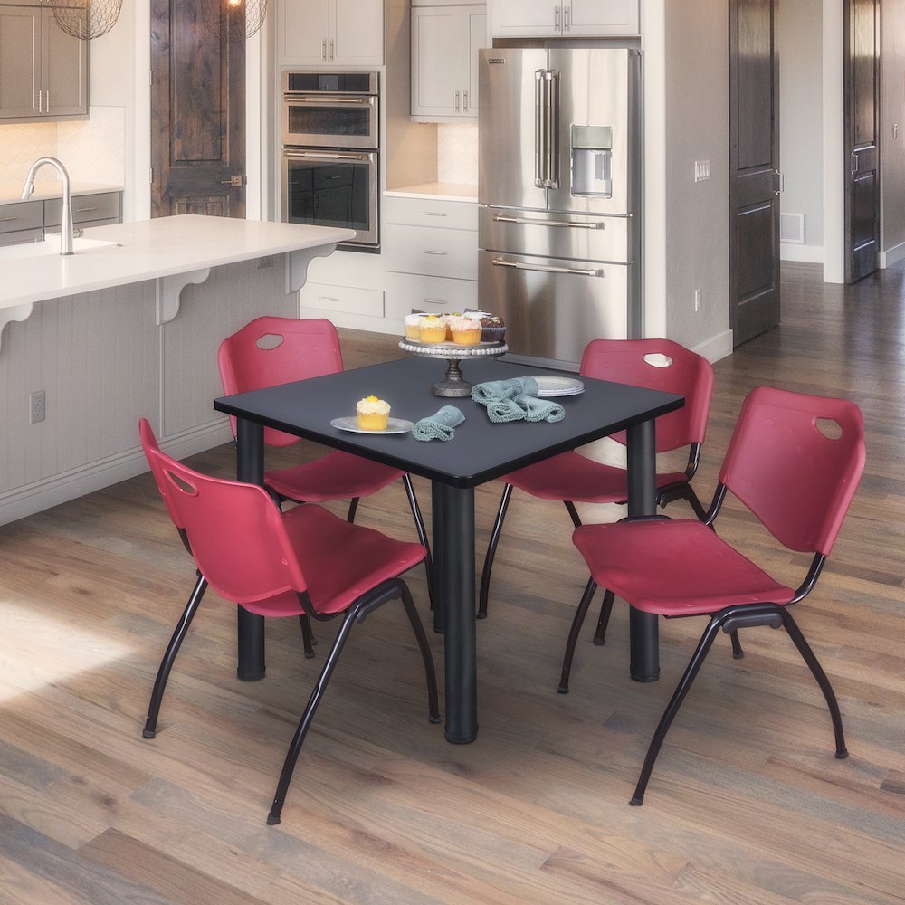 42 in Square Breakroom Table- Grey Top, Black Legs, 4 M Stack Chairs- Burgundy. Picture 7