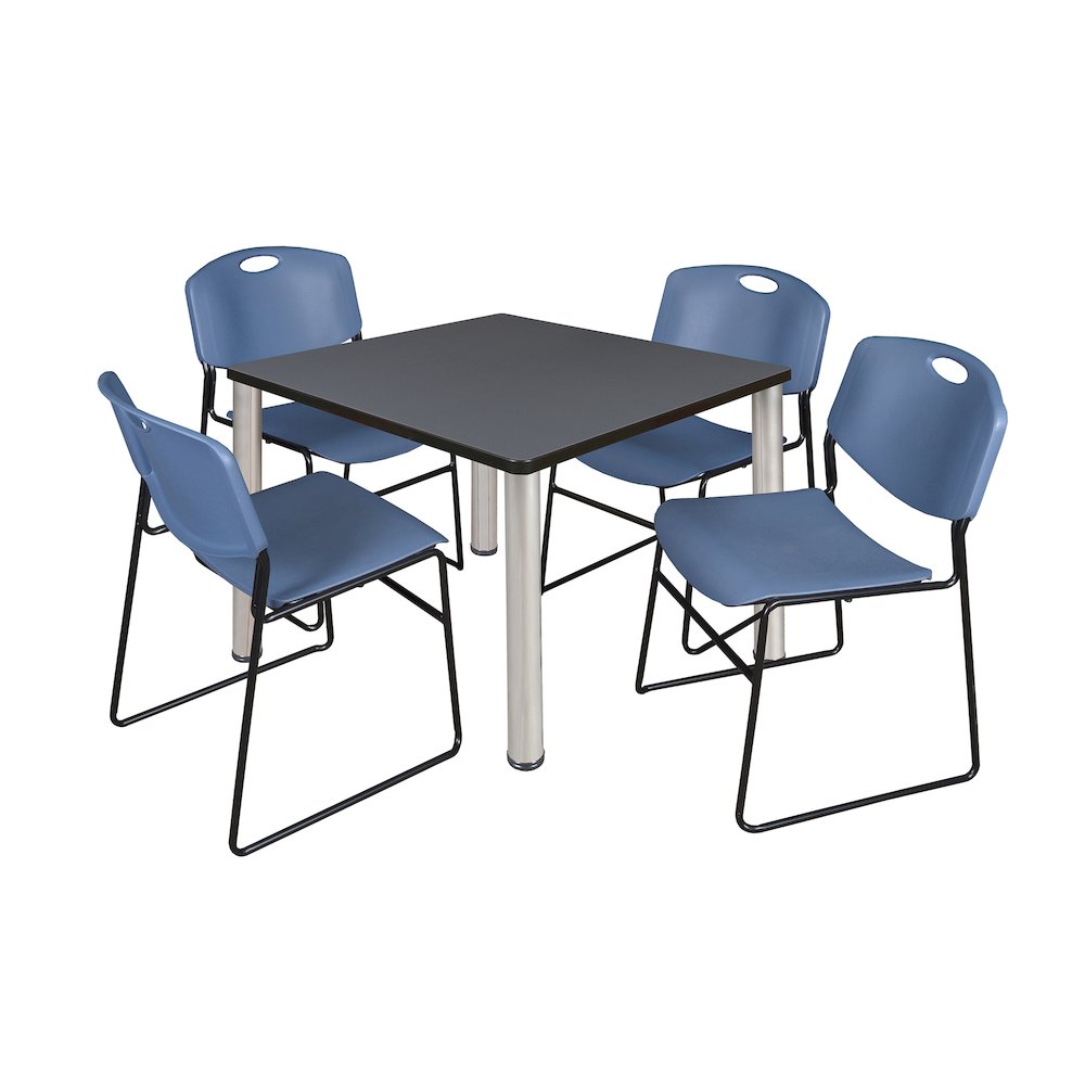 42 in Square Breakroom Table- Grey Top, Chrome Legs, 4 Zeng Stack Chairs- Blue. Picture 1