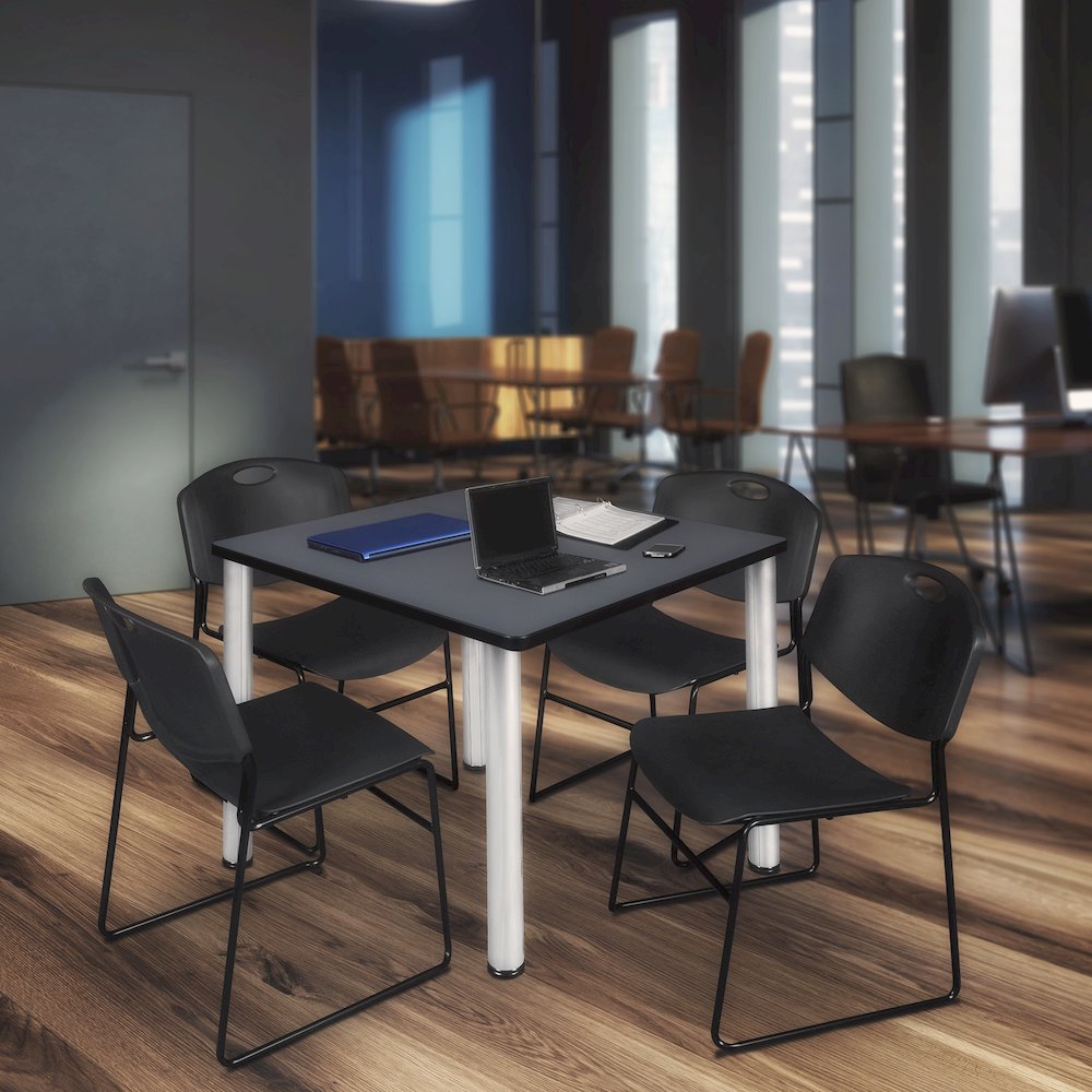 42 in Square Breakroom Table- Grey Top, Chrome Legs, 4 Zeng Stack Chairs- Black. Picture 7