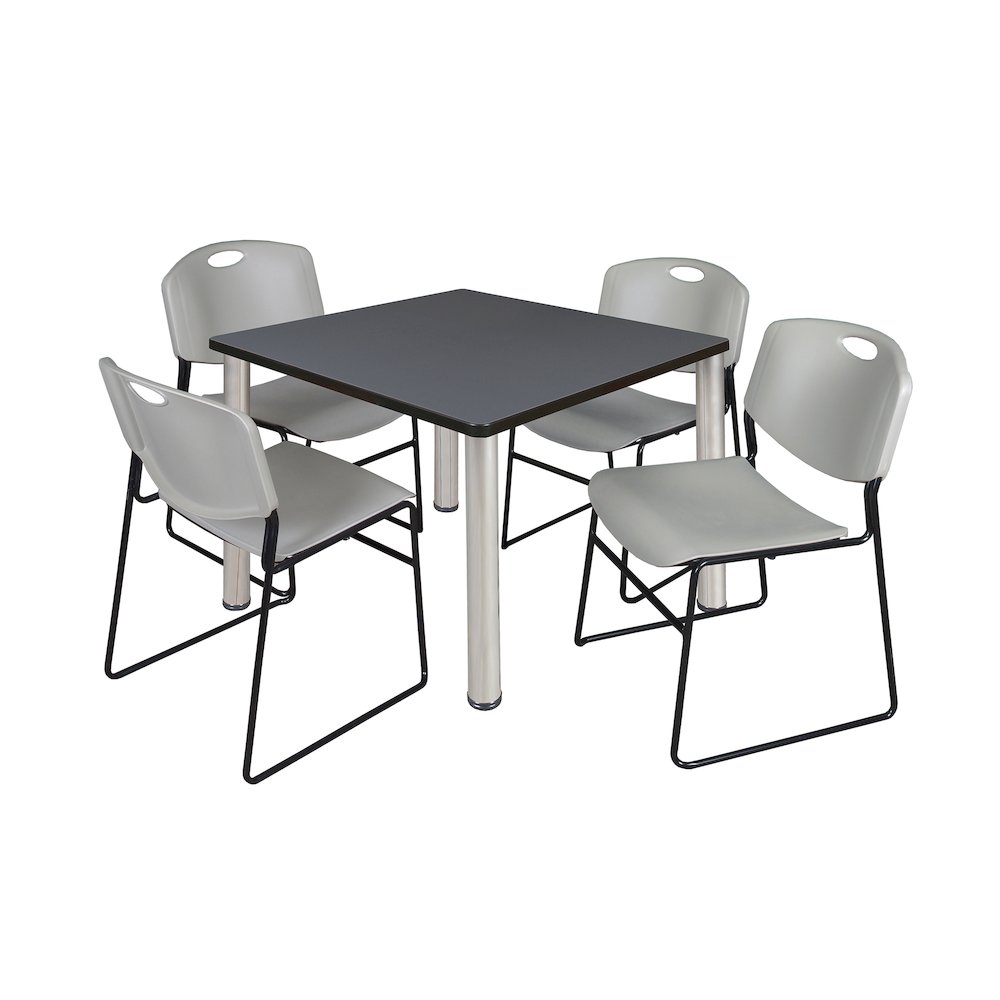 42 in Square Breakroom Table- Grey Top, Chrome Legs, 4 Zeng Stack Chairs- Grey. Picture 1