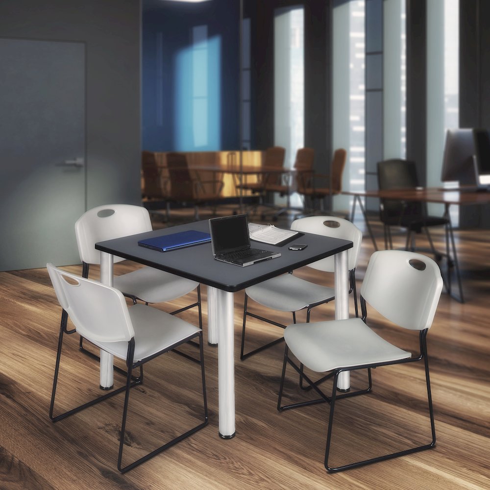 42 in Square Breakroom Table- Grey Top, Chrome Legs, 4 Zeng Stack Chairs- Grey. Picture 7