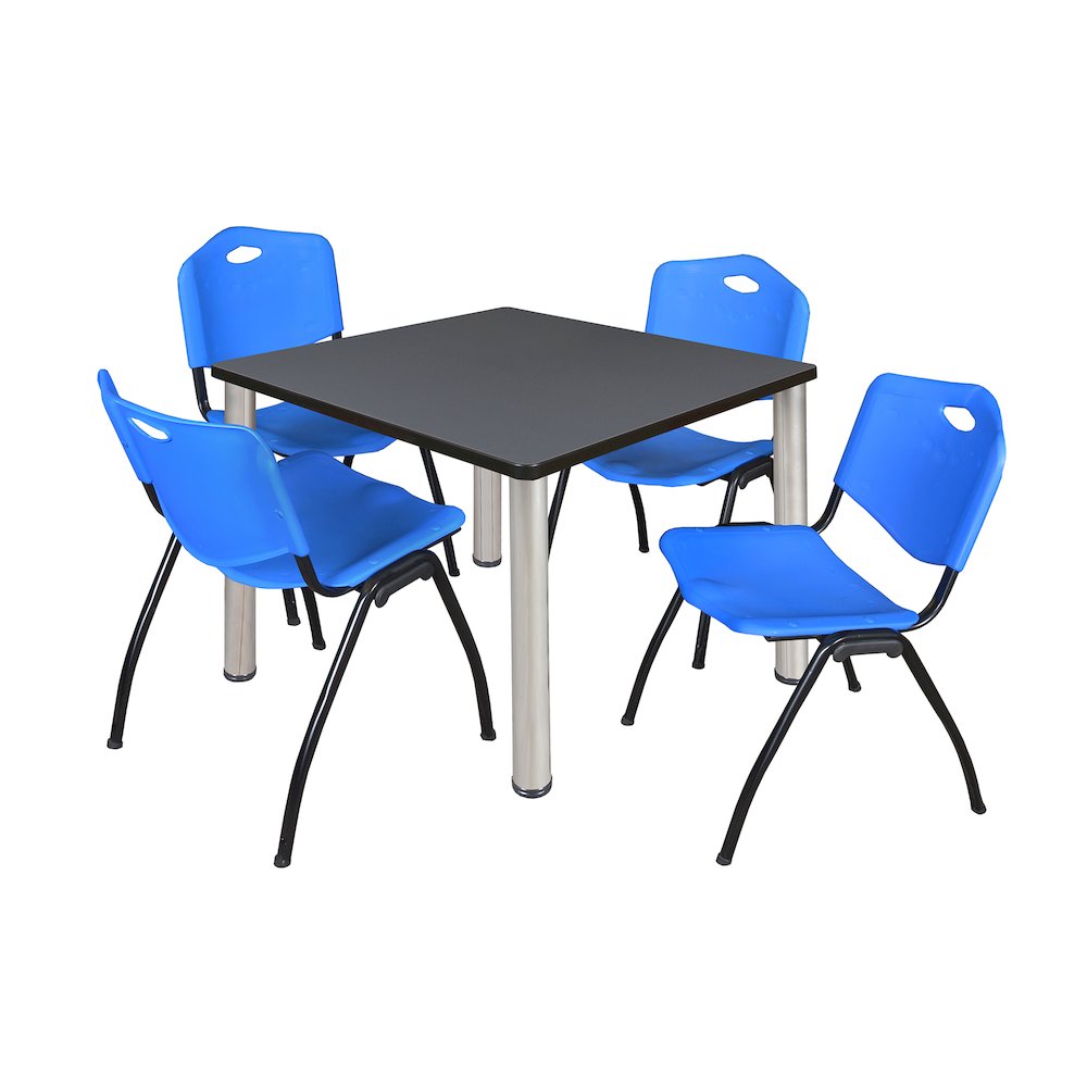 42 in Square Breakroom Table- Grey Top, Chrome Legs, 4 M Stack Chairs- Blue. Picture 1