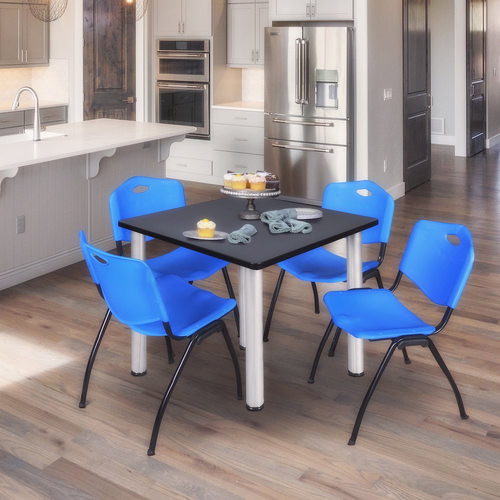 42 in Square Breakroom Table- Grey Top, Chrome Legs, 4 M Stack Chairs- Blue. Picture 7