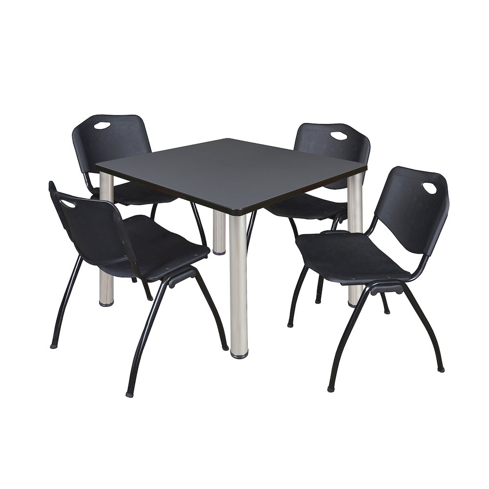 42 in Square Breakroom Table- Grey Top, Chrome Legs, 4 M Stack Chairs- Black. Picture 1