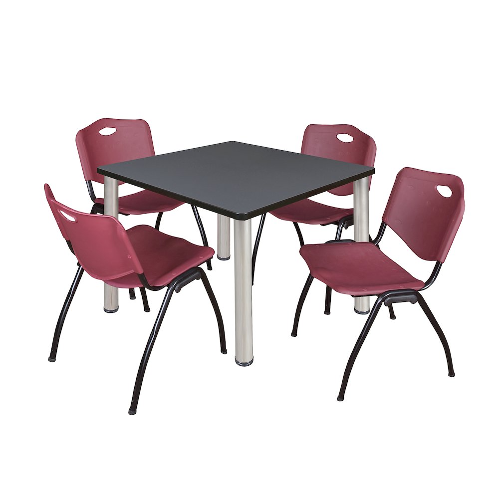 42 in Square Breakroom Table- Grey Top, Chrome Legs, 4 M Stack Chairs- Burgundy. Picture 1